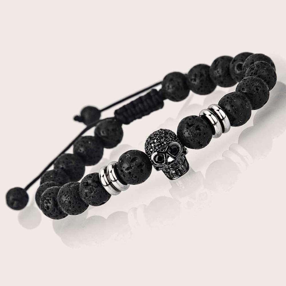 Black Lava Stone Skull Beaded Bracelet for Men